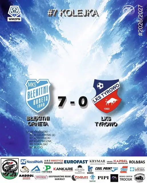 Błękitni Orneta rozgromili LKS Tyrowo 7:0 w meczu ligowym