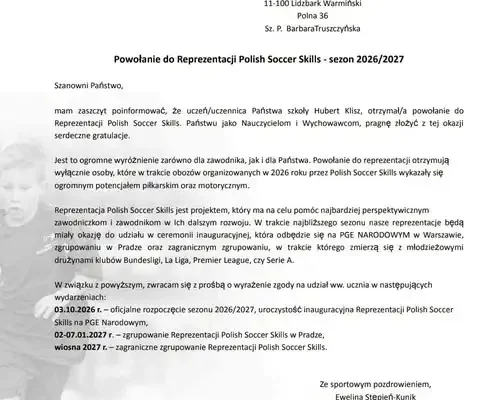 Hubert Klisz z powołaniem do Reprezentacji Polish Soccer Skills