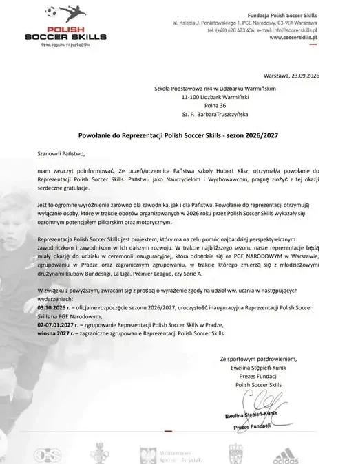 Hubert Klisz z powołaniem do Reprezentacji Polish Soccer Skills