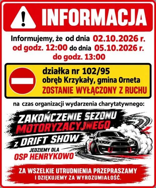 Zamknięcie terenu w Krzykałach na czas wydarzenia motoryzacyjnego