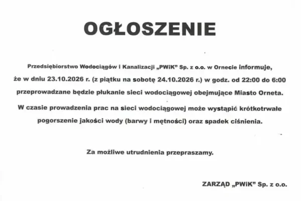 Płukanie sieci wodociągowej w Ornecie – utrudnienia w nocy z 23 na 24 października