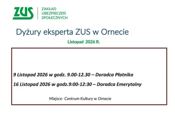 Bezpłatne dyżury ekspertów ZUS w Ornecie – listopad 2026