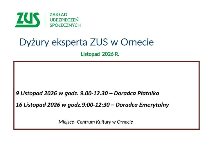 Bezpłatne dyżury ekspertów ZUS w Ornecie – listopad 2026