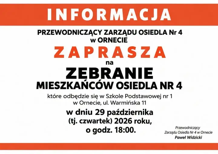 Orneta: mieszkańcy Osiedla nr 4 zaproszeni na zebranie 29 października