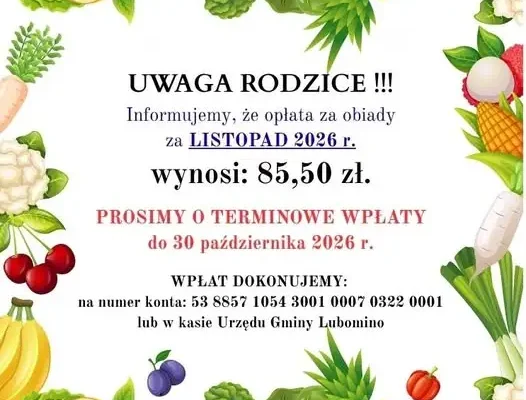 Lubomino: opłata za obiady w listopadzie 2026 wynosi 85,50 zł – termin wpłat do 30 października
