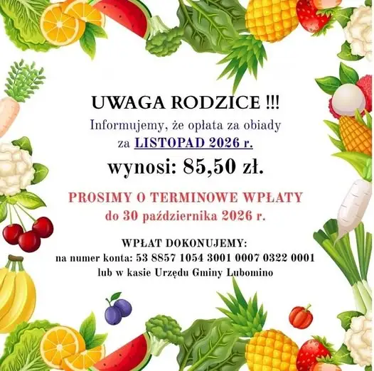 Lubomino: opłata za obiady w listopadzie 2026 wynosi 85,50 zł – termin wpłat do 30 października
