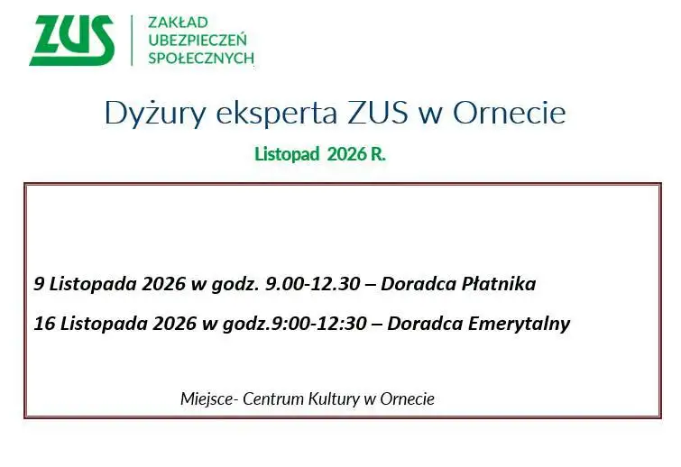ZUS w Ornecie: bezpłatne konsultacje dla płatników i emerytów w listopadzie